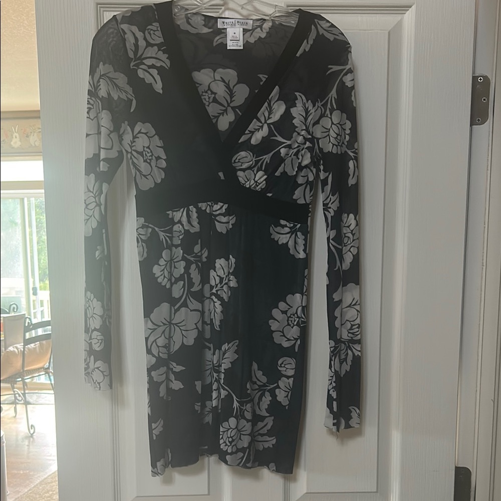 White House Black Market Black and White Ruched Wrap Dress